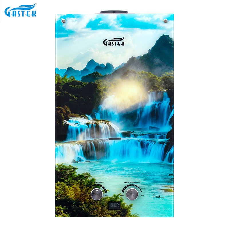 Aquecedor de água a gás natural com painel de vidro personalizado para eletrodomésticos no banheiro